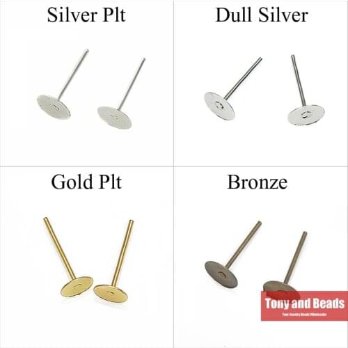 200Pcs=1Lot!) Jewelry Earring Finding Flat Round Blank Peg&Post Ear Studs Head Pins Earring Gold,Silvers,Bronze 6MM