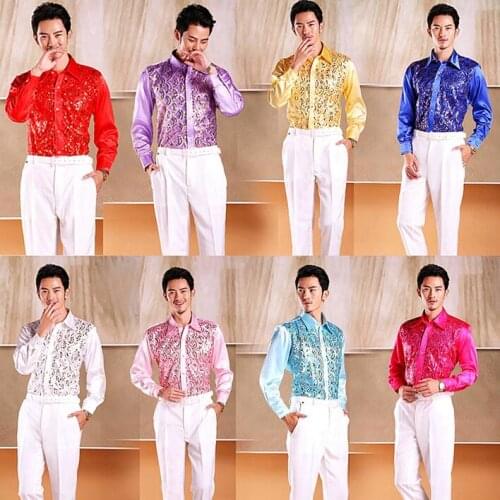 2020 mens long-sleeve shirts hollow clothes sequins shirt mens formal dress shirt fashion singer dance stage camiseta masculina