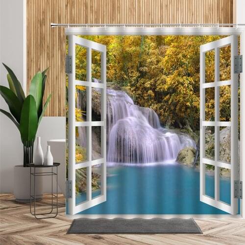 3D Window Opening Waterfall Shower Curtain Lake Forest Scenery Bathroom Decor Set Waterproof Home Decoration Curtains With Hooks