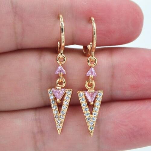 AAA+ Cubic Zirconia Gold Color Fashion Women Adorable Pink CZ V Dangle Earrings Jewelry
