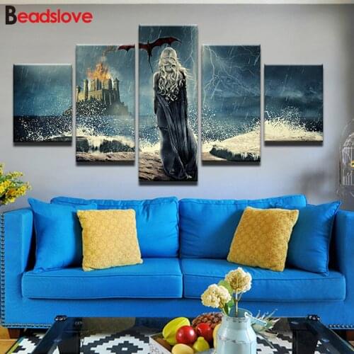 5d diy diamond painting cartoon beauty dragon castle For Living Room 5 Panel Home Decor Abstract Full Diamond embroidery