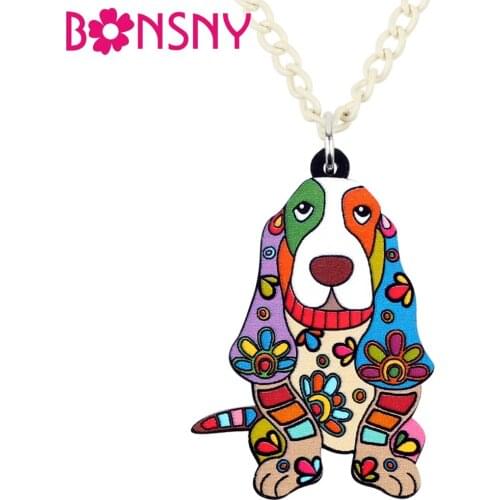 Bonsny Acrylic Cartoon Floral Basset Hound Dog Necklace Pendant Chain Choker Cute Animal Jewelry For Women Girls Pet Lovers Gift