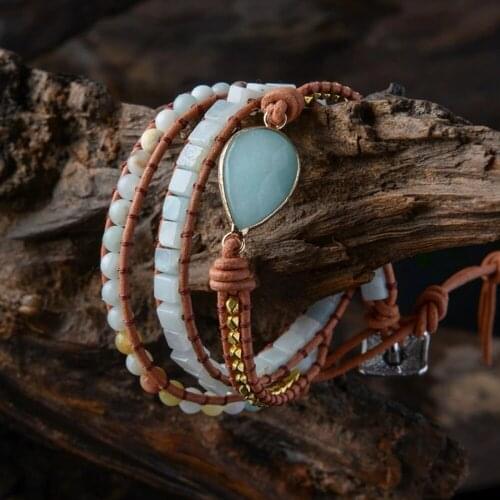 Geometric Amazonite Wrap Bracelets Charm Water Drop Amazonite Gold Color Alloy Beaded Bracelet Hand Made Natural Stone Jewelry