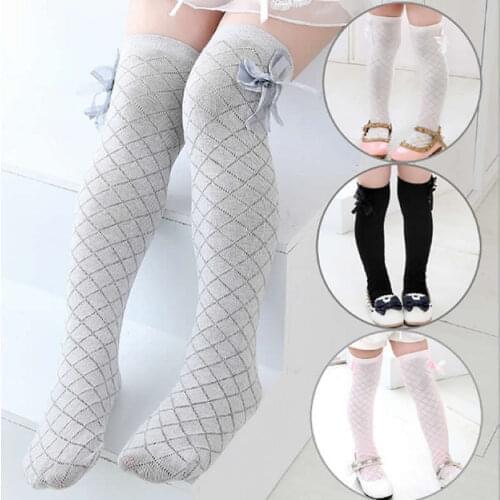 Children Tube Socks rhombus Lattice Socks Cotton Lace Bowknot Thin Cotton Knee High above Long Socks Baby Girl Summer wear