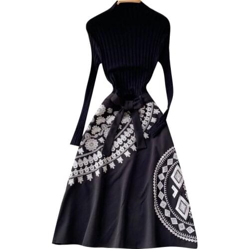 Elegant Knitted Stitching Embroidery Mid-length Dress Autumn And Winter Fashion Womens Long-sleeved Retro Waist Bottoming Skirt