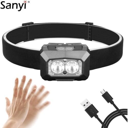6 Modes White+Blue+Red LED Rechargeable Headlamp Body Motion Sensor Headlamp Running Head Torch Flashlight Head Lantern With USB