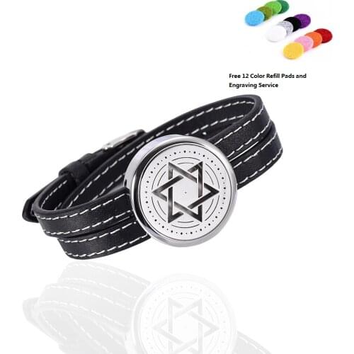 IJC0016 Black Genuine Leather 1'' Star of David bracelet / 316L s.steel Essential Oils Diffuser Locket bracelet 6''-8''wrist