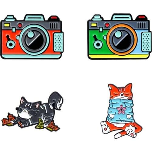 Camera And Cat Enamel Badges Lapel Pins Cute Women Anime Brooches For Backpack Mini Hijab Pins Jewelry Badges Vintage Brooches