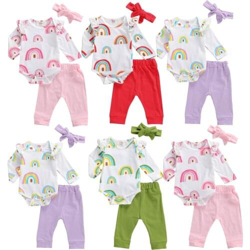 2020 New Hot Fashion Newborn Baby Girls 3-piece Outfit Set Long Sleeve Rainbow Print Romper+Pants+Headband Set ropa de bebe