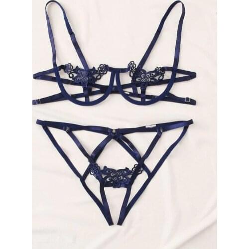 Women Embrodiery Cutout Lingerie Sets Nightclub Costume Strappy Hole Bra Tops with Stretchy Crotchless T-back Thongs Underwear