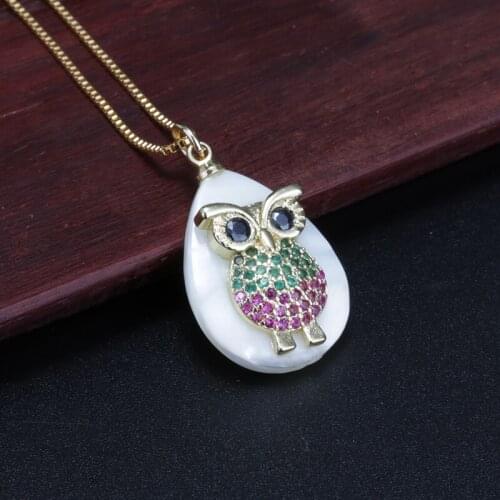 Pearl shell pendant multi-color zirconium paved gold eagle hawk animal charm white water drop dainty choker women necklace