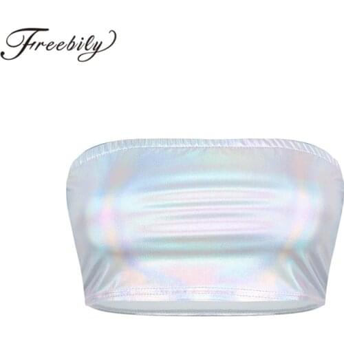 Fashion Women Shiny Metallic Club Party Stage Pole Dance Costume Strapless Dance Tube Tops No-Padded Bra Bandeau Sexy Crop Tops