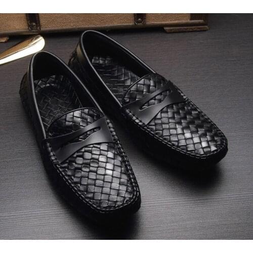 England Style Men Fashion Round Toes Weaving Slip On Loafers Youth Black Solid Casual Moccasin Gommino Free Shipping
