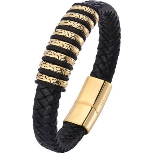 Male Jewelry Punk Black Braided Leather Bracelets for Men Gold Color Stainless Steel Magnetic Clasp Fashion Bangles Gifts PD0778
