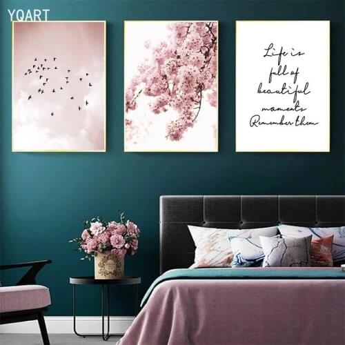 Pink Cherry Blossom Flower Pictures Scandinavian Poster Nordic Landscape Bird Print Wall Art Canvas Painting Living Room Decor