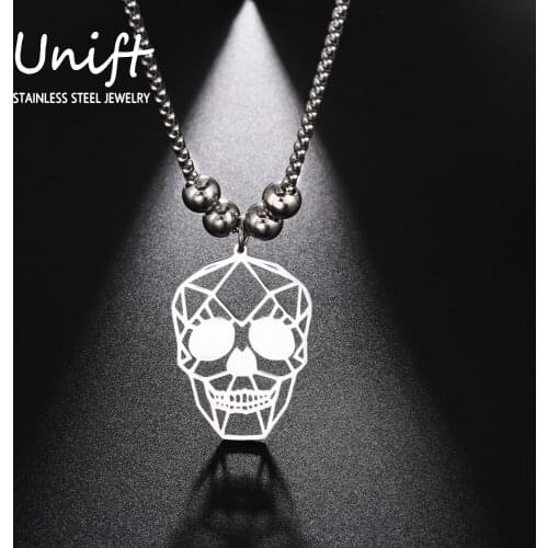 Unift Weird Smiling Skull Necklace for Women Men Stainless Steel Long Chain Necklace Punk Gothic Party Jewelry Halloween Gifts