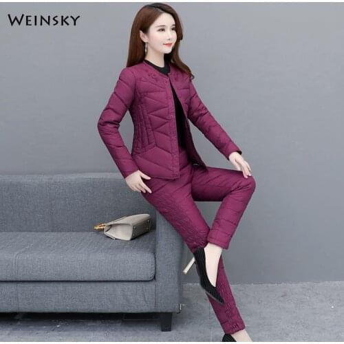 Weinsky New Womens O-Neck Down jacket And Down Pants Two-piece Fashion Suit