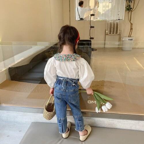 Autumn 2021 Girls' Korean-Style High Waist Denim Bell-Bottom Pants Baby Girls' Back Lace-up Slit Straight Jeans