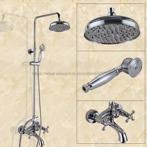 Polished Chrome Dual Handle Rain Shower Faucet Set 8" Rainfall Tub Spout Shower Mixers with Handshower Ncy355