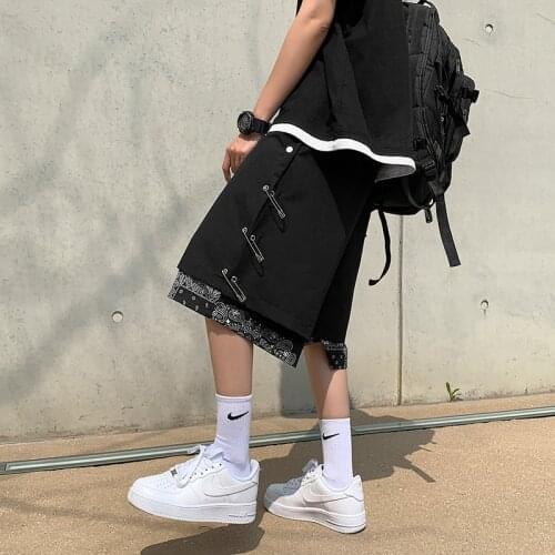 2021 summer new trendy brand high street fake two-piece pin decorated shorts mens trend loose casual hip-hop five-point pants