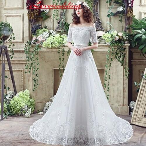 ILoveWedding Wedding Dress Boat Neck Lace Applique Custom made A Line Court Train Vestido De Novia Bride Dress