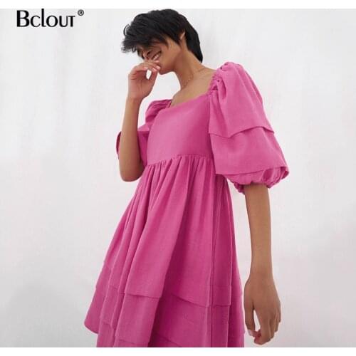 Bclout Loose Puff Sleeve Lace-Up Pleated Dress Women Sexy Backless Square Collar Mini Dresses Female Casual A Line Cotton Robe