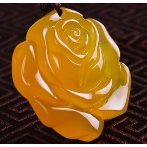 Natural Yellow Ice Chalcedony Pendant Rose Flower Necklace Sweater Chain Women Fashion Stone Jewelry Free Rope
