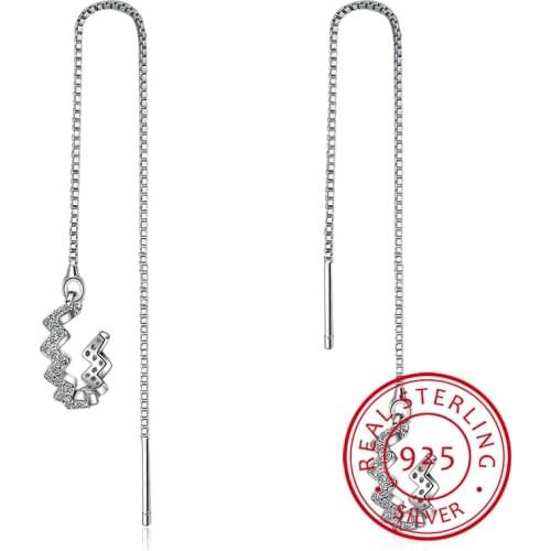 Genuine Real Pure Solid 925 Sterling Silver Long Dangle Tassel Earrings Clip For Women Jewelry Cz Female Thread Wire Earrings