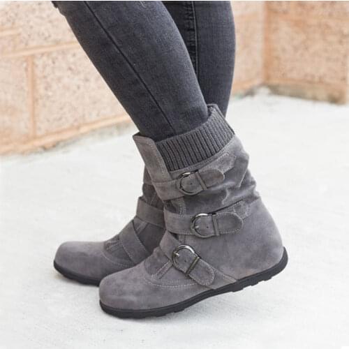 Women Flock Buckle Mid-Calf Boots Female Flat With Zipper Boots Ladies Woman Autumn Winter Fashion Shoes Black Gray Big Size 43