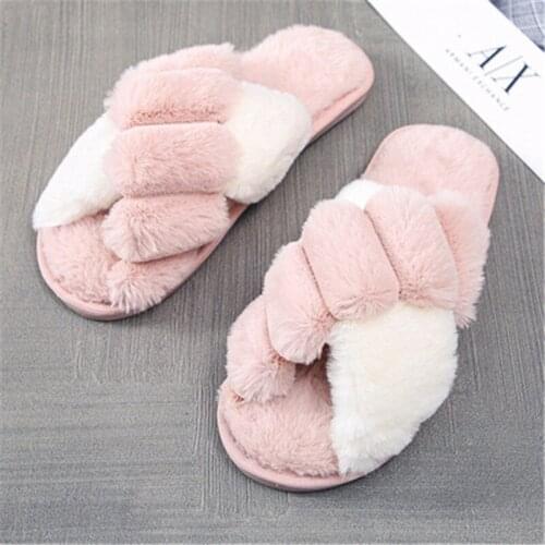 Women Warm Fluffy Slippers Cozy Faux Fur Cross Indoor Floor Slides Flat Soft Shoes Lady Female Comfortable Quality Flip Flop