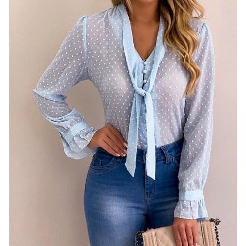 Womens Tops And Blouses Fashion Button Tie Polka Dot Long Sleeve Shirt Sexy See Through Top Women Sexy Shirt Transparent Top