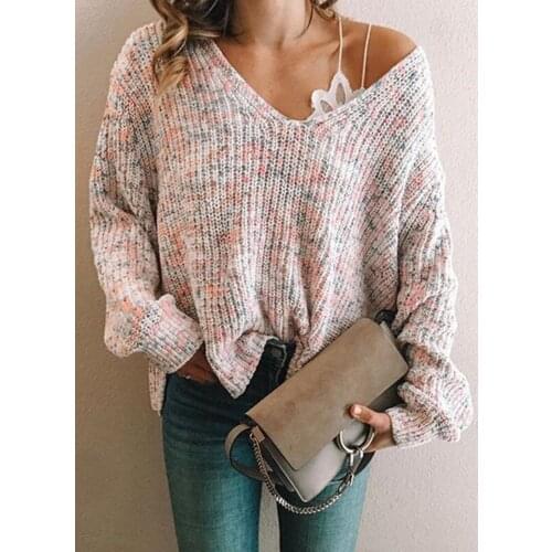 Sexy V-Neck Autumn Sweater Woman Multi Color Knitted Pullover Loose Oversize Casual Tops Ladies Street Wear Clothes