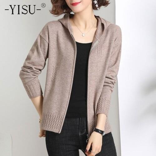 YISU 2021 Spring Thin Women Sweater Cardigan Hooded collar zipper Cardigan for women Female Long sleeve Casual Knitted Cardigan