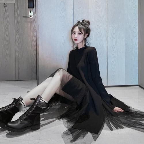 2021 Women Autumn Fashion Retro Suits Female Long Knitted Sweater Tops Ladies High Waist Mesh A-line Skirts Two-piece Sets Y487