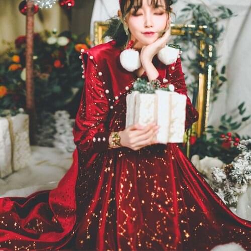 2021 Winter Lolita Dress Velvet Women Red Robe Gown Gothic Tea Party Loli Dresses Vestidos Christmas Princess Cosplay Costumes