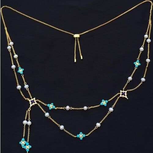 SLJELY Fashion 925 Sterling Silver Pearl and Blue Gem Stone Double Chain Adjustable Necklace Women July Roma Serie Brand Jewelry