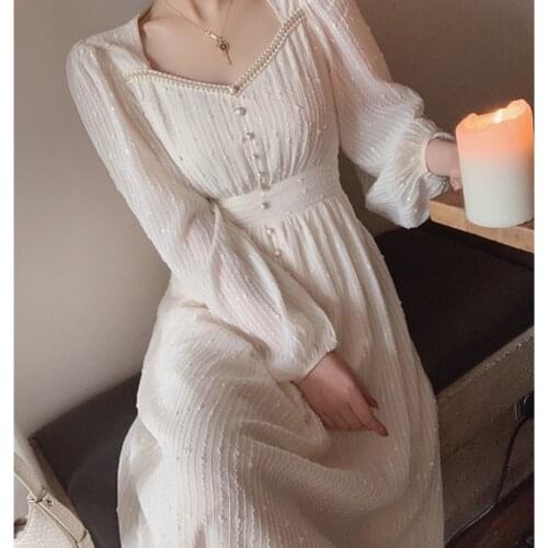 Women Elegant Square Collar Long Sleeve Beading Beige Lace Button Long Dresses Elastic Waist Slim Casual Bright Party Vestidos