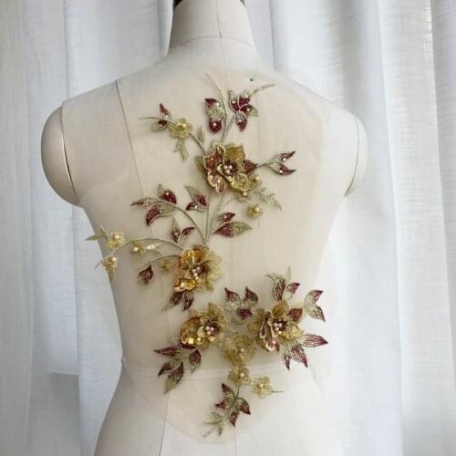 3D Flower Sequins Lace Trim Applique Mesh Embroidery Sew On Patches For Wedding Dress Diy Clothes Decoration Garment Accessories