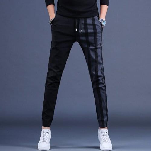 Fashion Stripe Casual Pants Joggers Men Black Slim Fit Elastic Waist Drawstring Trousers