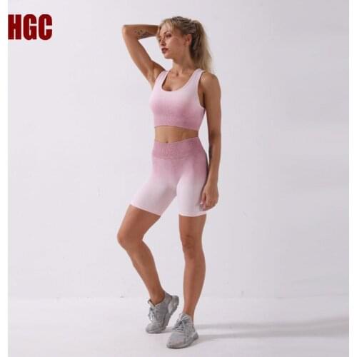 HGC Seamless Suit Ombre Women Sports Bra Shorts Yoga Set 2 Piece Workout Running Gradients Fitness Top Legging Gym Sportwear
