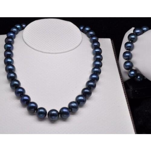 Nice south sea AAA+ 9-10mm Black natural pearl necklace bracelet with new gold