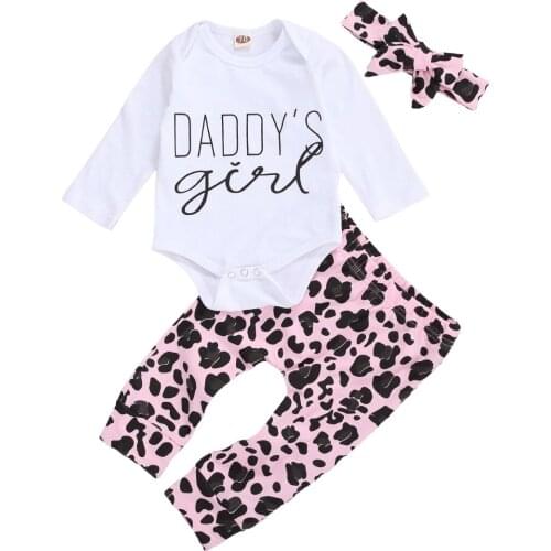 3pcs Infant Girls Boys Clothes Sets Letter Leopard Print Long Sleeve Romper Pants Headband 0-18M