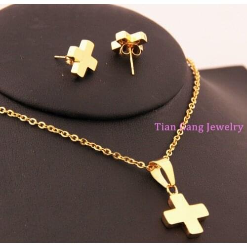 Silver Color/Gold Color 316L Stainless Steel Cute Cross Pendant Necklaces Earrings Sets Fashion Jewelry Set Women Men