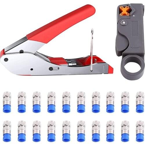 Compression Pliers, Plug Tool Coaxial Cable Stripper RG59/RG6 Crimper Coaxial Cable with 20 Pieces F-Connectors