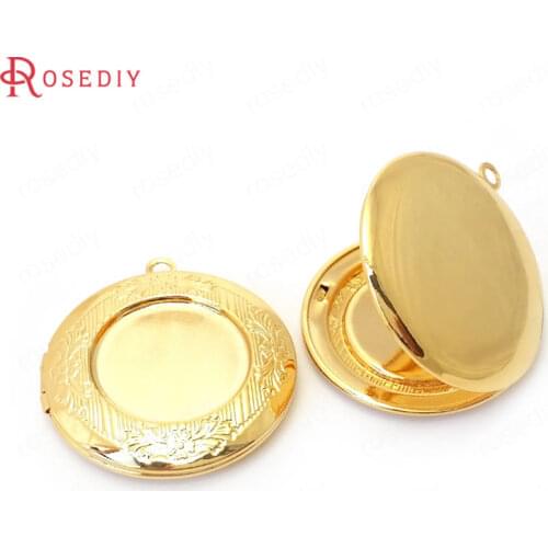 4PCS 32MM 24K Gold Color Brass Flower Round Photo Box Pendants High Quality Jewelry Making Supplies Diy Findings Accessories