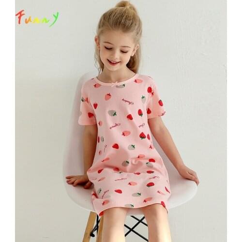 Summer 2021 Girl Pijamas Cotton Strawberry Print Short Sleeve Dress Girls Clothes Knee Length Nightdress Kids Night Wear 3-14 Y