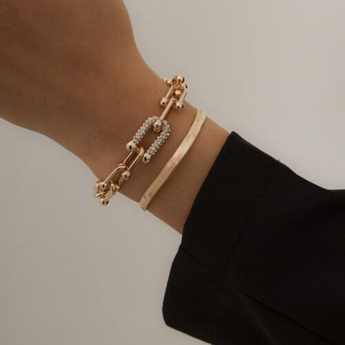 Hot selling jewelry with ins retro flat snake bone metal bracelet hip hop U-shaped horseshoe square buckle rhinestone bracelet