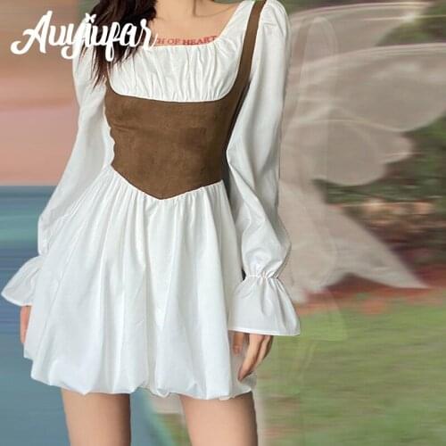 Auyiufar Fairycore Solid Ruch Milkmaid Mini Dress Patchwork Square Collar Zipper A Line Dresses Renaissance Elfcore Fall Outfits