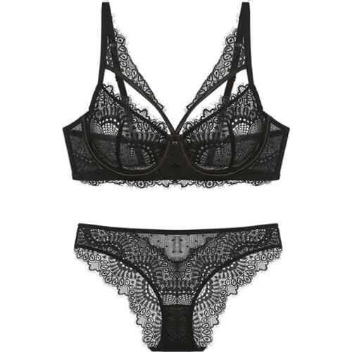 Fashion Eyelash Lace Bras And Panty Sets For Women Unlined Transparent Sexy Underwear Set Female Sexy Lingerie Push Up Brassiere