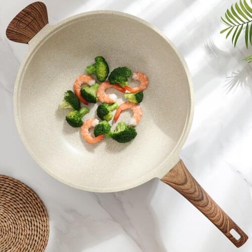 Fashion Healthy Wok Aluminium Alloy Wooden Handle Kitchen Non Stick Pan Wok Pan Panela Antiaderente Kitchen Dining Bar EC50CG